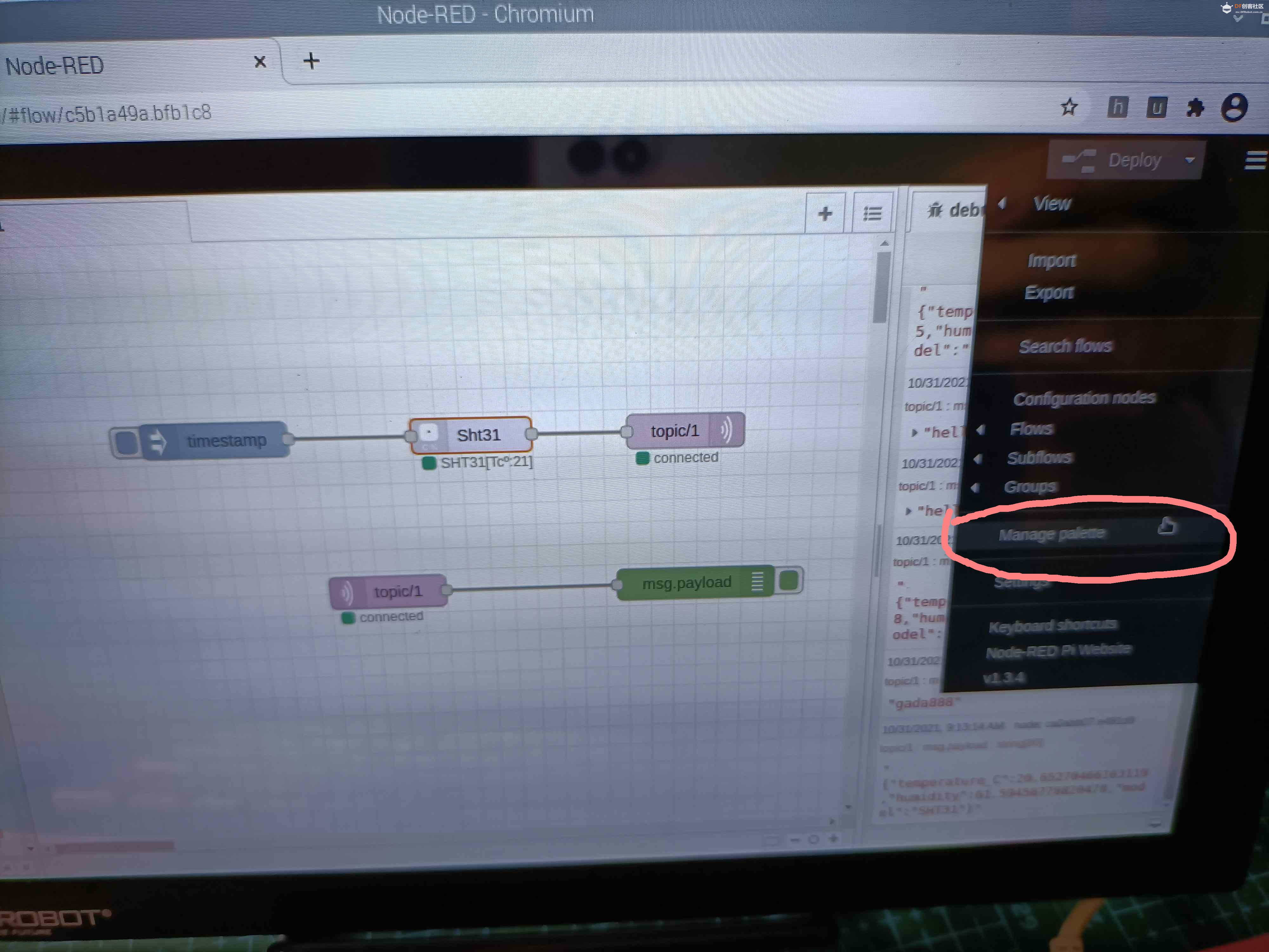 NodeRED下温度模块sht31和MQTT的双向信息发送图9