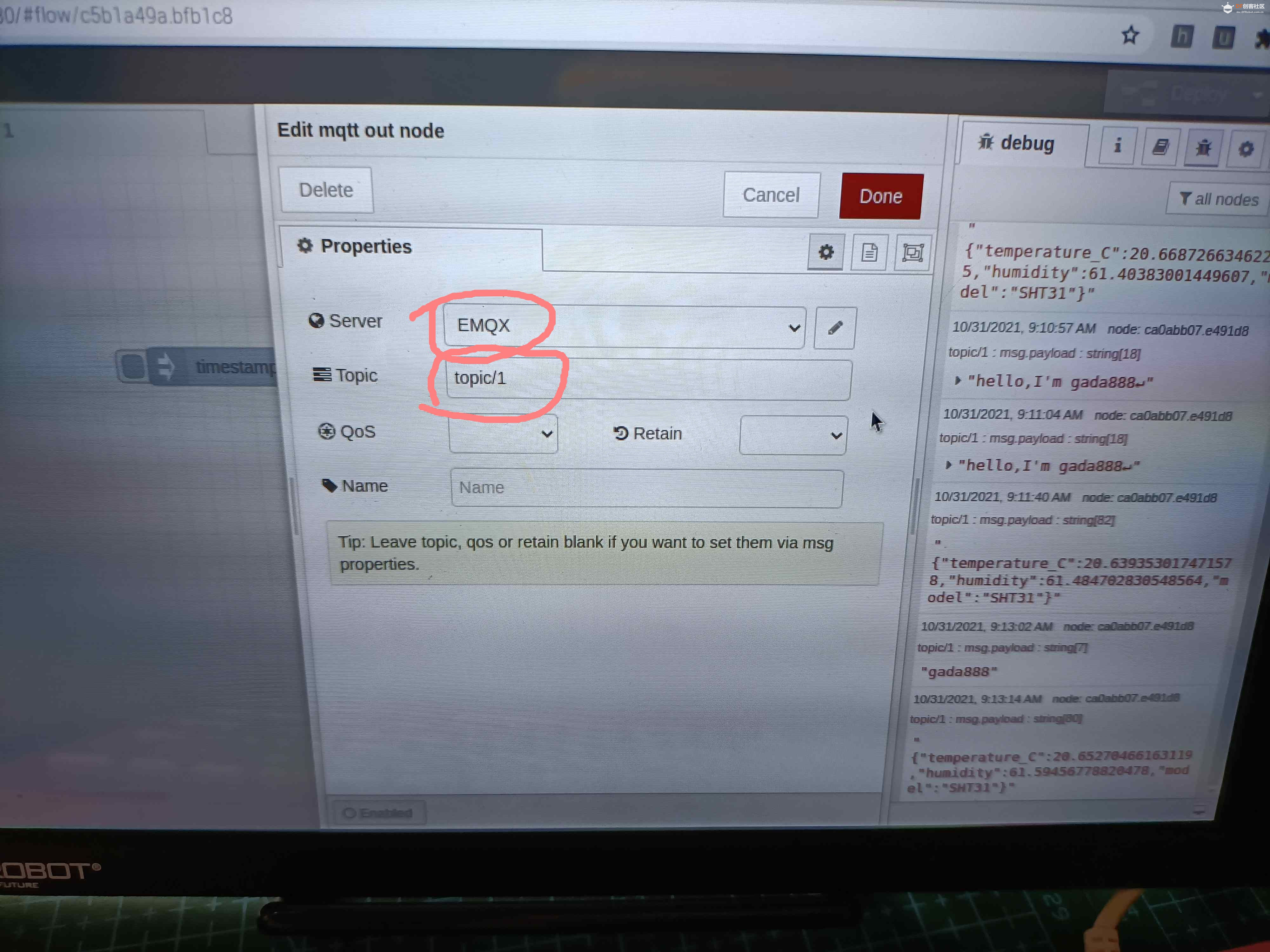 NodeRED下温度模块sht31和MQTT的双向信息发送图12