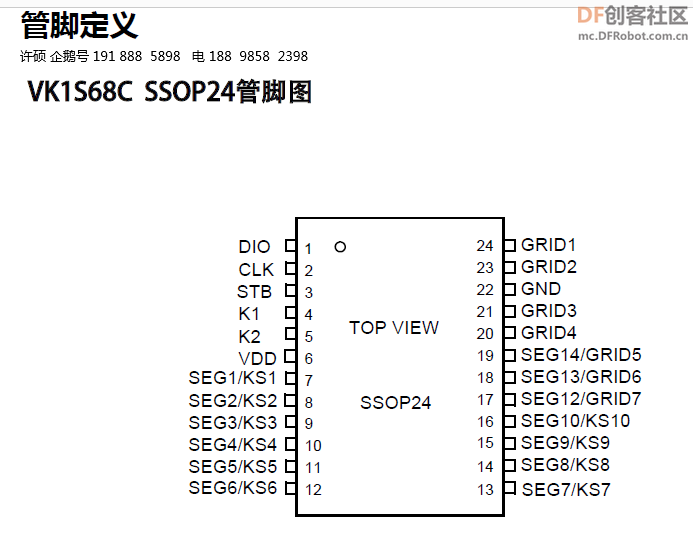 点阵LED驱动，抗噪数显IC，VK1S68C SSOP24内置显示RAM为14x8位图1